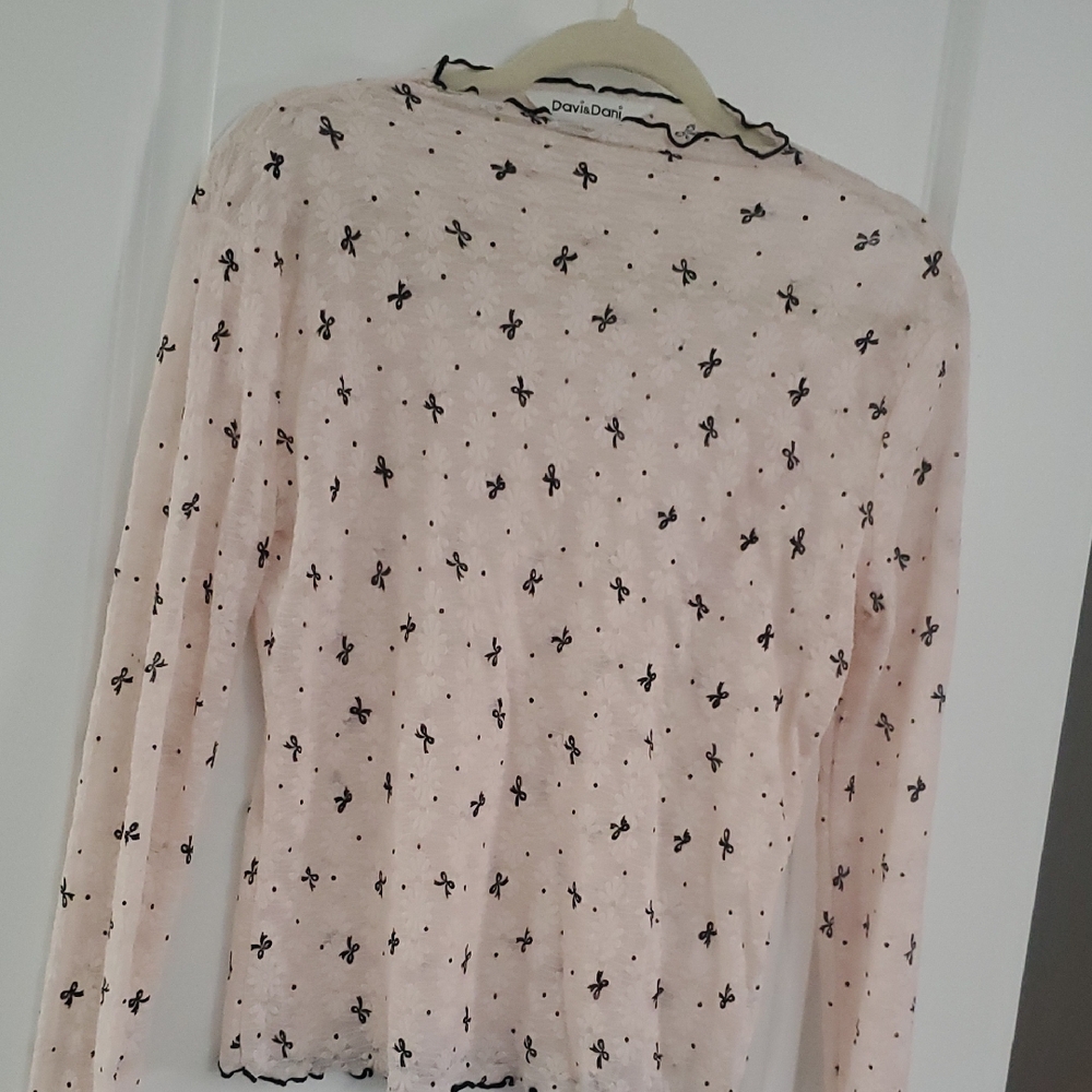 DAVI & DANI Mesh Pink Top with Black Bow Design